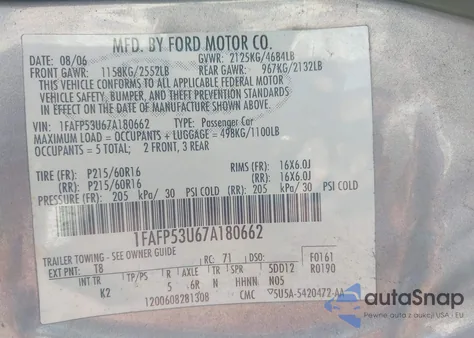 2007 Ford Taurus Se from USA, damaged, VIN 1FAFP53U67A180662